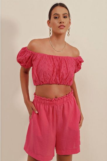 0481 Fistolu Straplez Bluz - Fuşya resmi